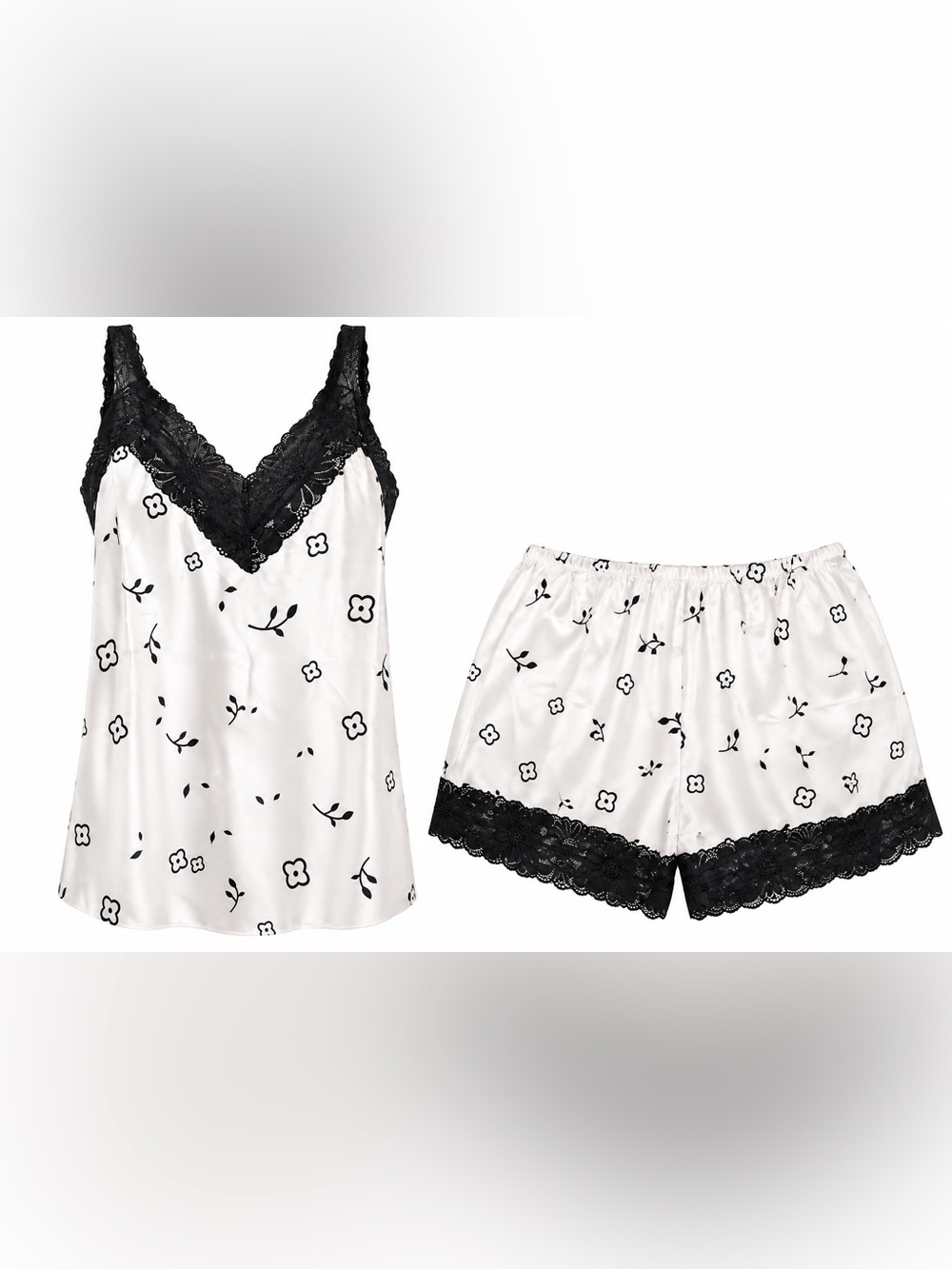 Women's Black & White Floral Lace Trim Satin Pajama Set